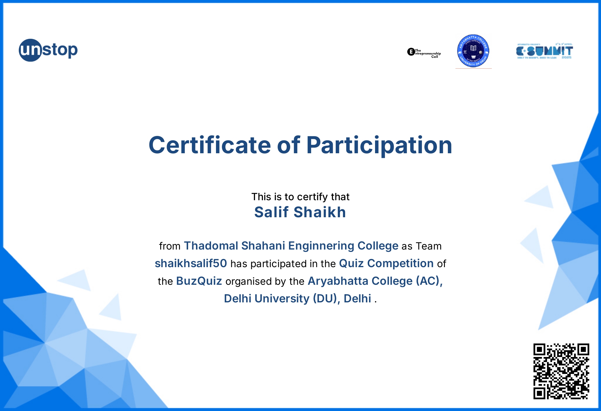 BuzQuiz Participation Certificate-2025